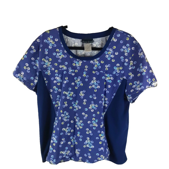 Cherokee Faded Women's Scrub Top Size X Large Retro Blue White Polka Dots - Picture 1 of 5